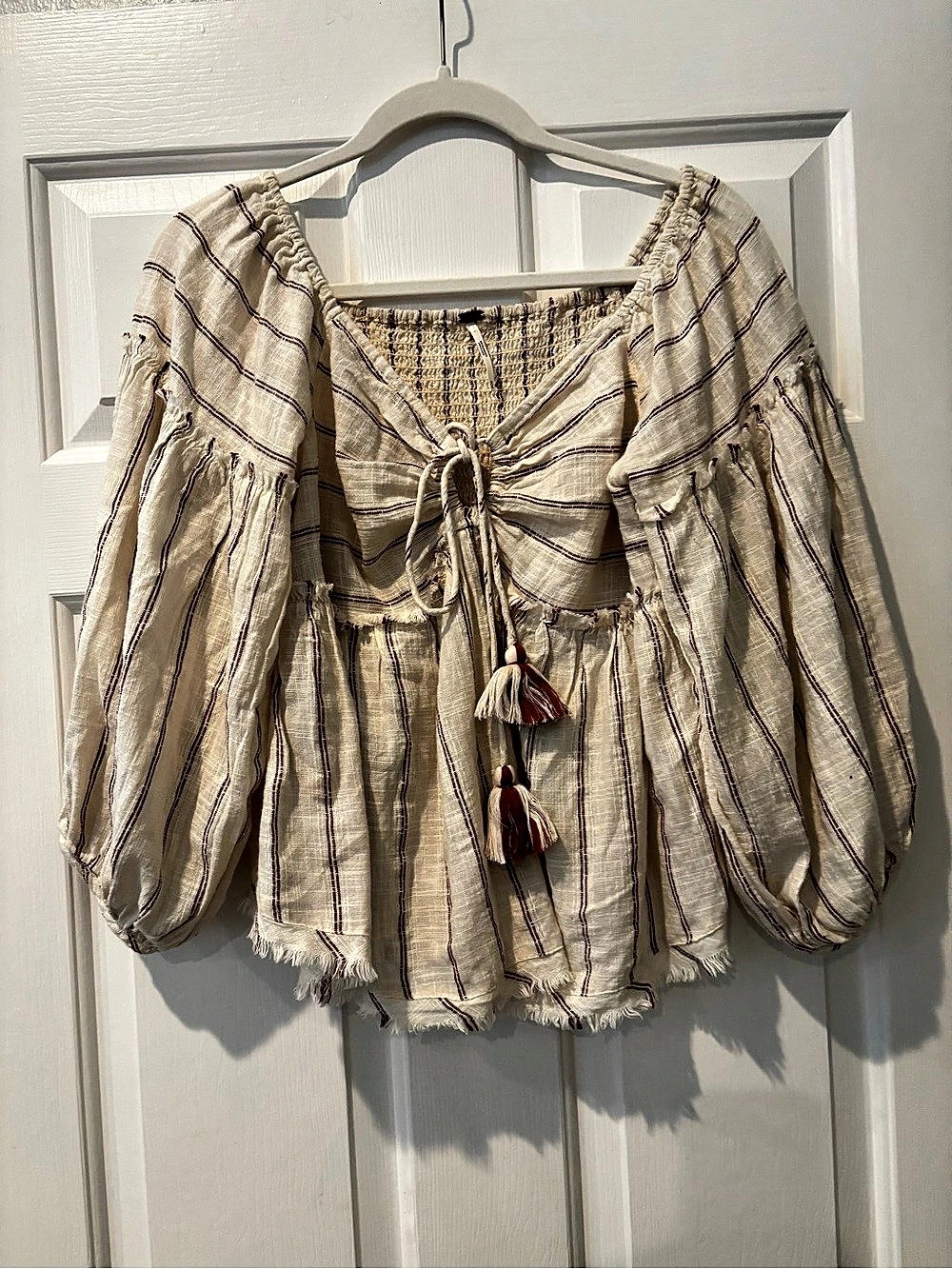 Free People Striped Cotton Peasant Blouse in Cream Size Medium